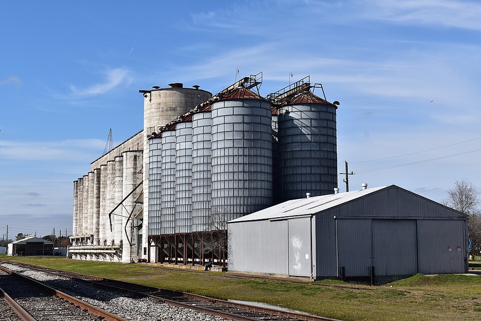 The historic rice dryer silos beside the railroad in Katy